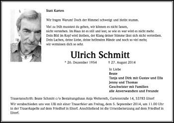 Anzeige von Ulrich Schmitt von Kölner Stadt-Anzeiger / Kölnische Rundschau / Express