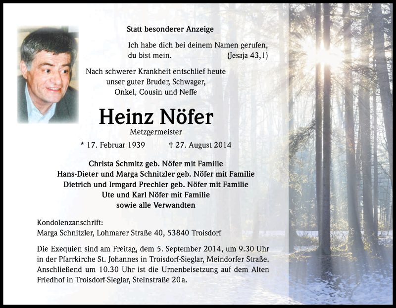 Traueranzeige für Heinz Nöfer vom 30.08.2014 aus Kölner Stadt-Anzeiger / Kölnische Rundschau / Express
