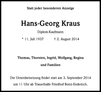 Anzeige von Hans-Georg Kraus von Kölner Stadt-Anzeiger / Kölnische Rundschau / Express