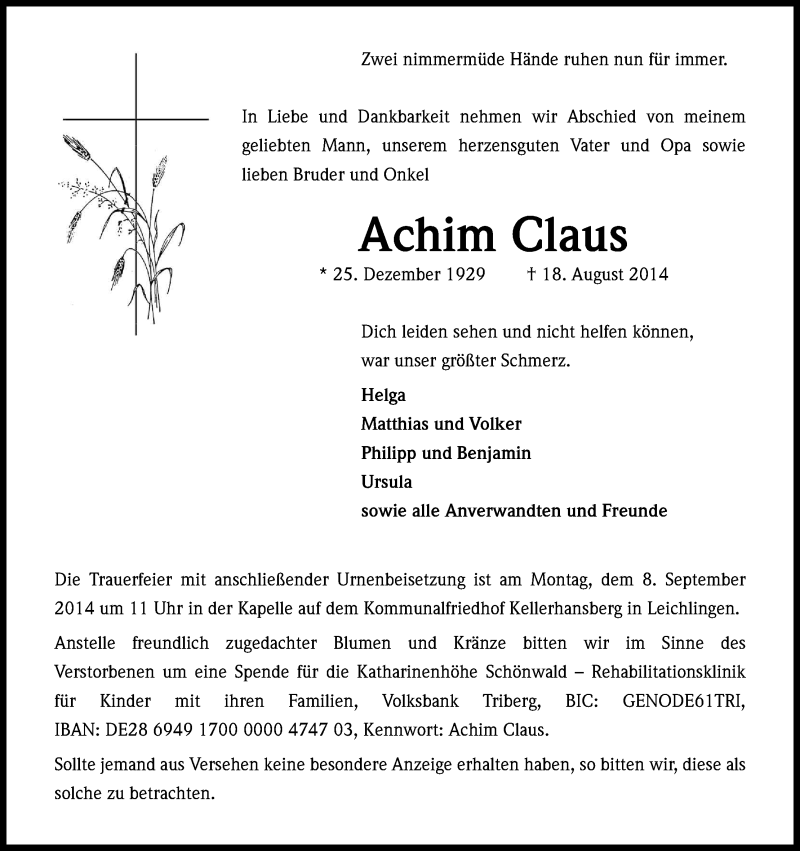  Traueranzeige für Achim Claus vom 03.09.2014 aus Kölner Stadt-Anzeiger / Kölnische Rundschau / Express