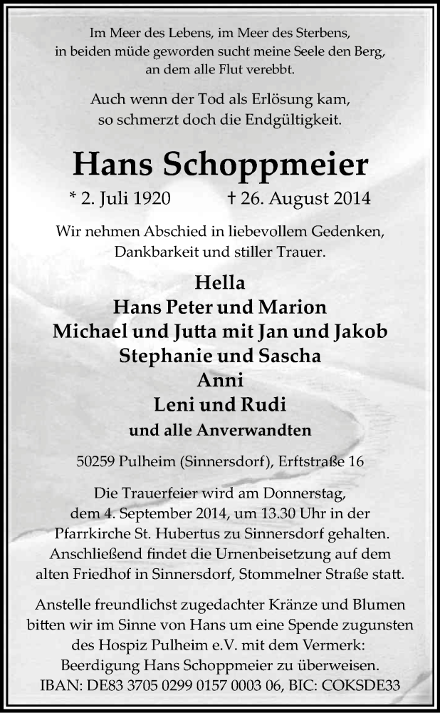  Traueranzeige für Hans Schoppmeier vom 30.08.2014 aus Kölner Stadt-Anzeiger / Kölnische Rundschau / Express