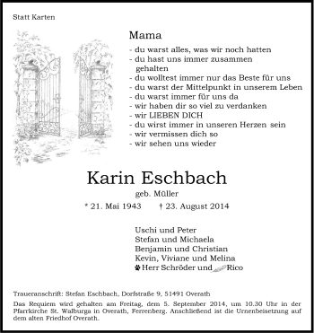 Anzeige von Karin Eschbach von Kölner Stadt-Anzeiger / Kölnische Rundschau / Express