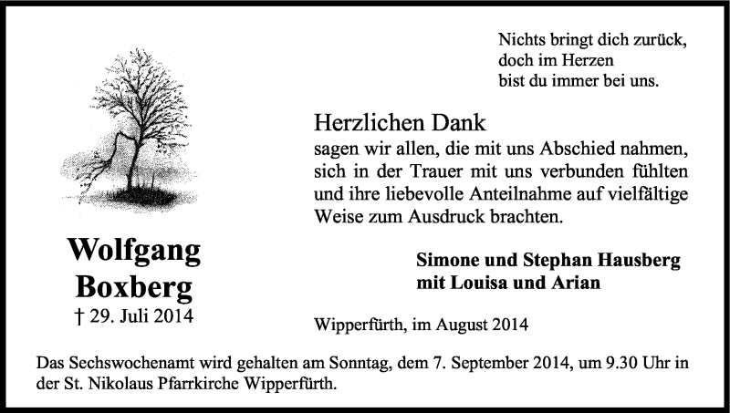  Traueranzeige für Wolfgang Boxberg vom 30.08.2014 aus Kölner Stadt-Anzeiger / Kölnische Rundschau / Express