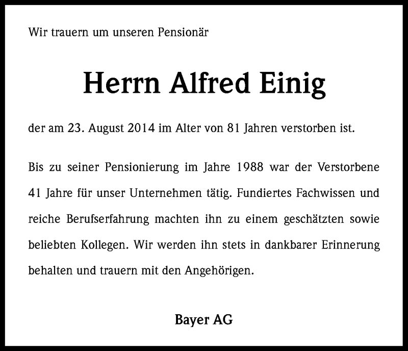  Traueranzeige für Alfred Einig vom 30.08.2014 aus Kölner Stadt-Anzeiger / Kölnische Rundschau / Express