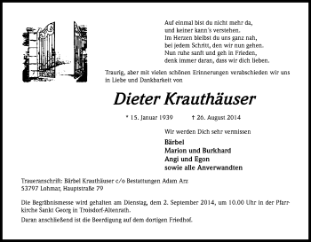 Anzeige von Dieter Krauthäuser von Kölner Stadt-Anzeiger / Kölnische Rundschau / Express