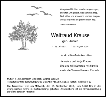 Anzeige von Waltraud Krause von Kölner Stadt-Anzeiger / Kölnische Rundschau / Express