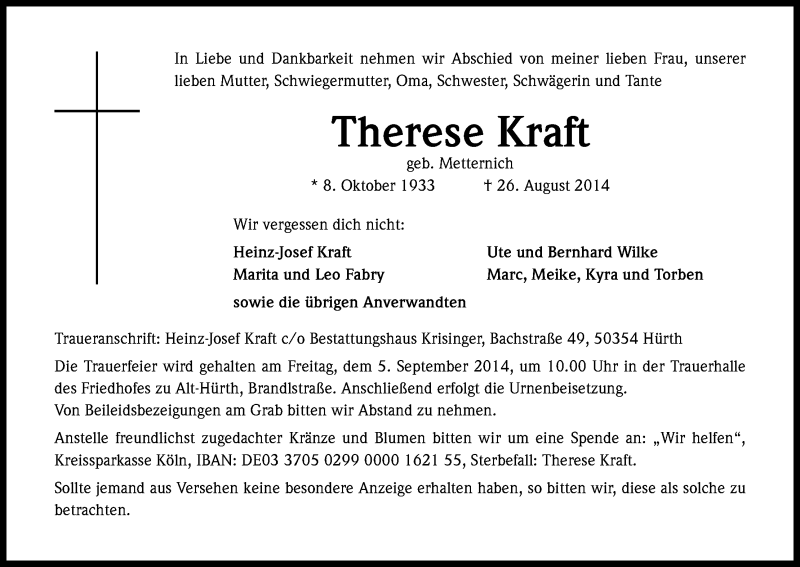  Traueranzeige für Therese Kraft vom 01.09.2014 aus Kölner Stadt-Anzeiger / Kölnische Rundschau / Express