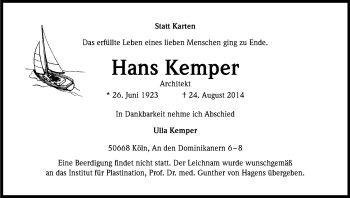 Anzeige von Hans Kemper von Kölner Stadt-Anzeiger / Kölnische Rundschau / Express