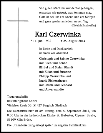 Anzeige von Karl Czerwinka von Kölner Stadt-Anzeiger / Kölnische Rundschau / Express