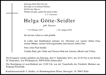 Anzeige von Helga Götte-Seidler von Kölner Stadt-Anzeiger / Kölnische Rundschau / Express