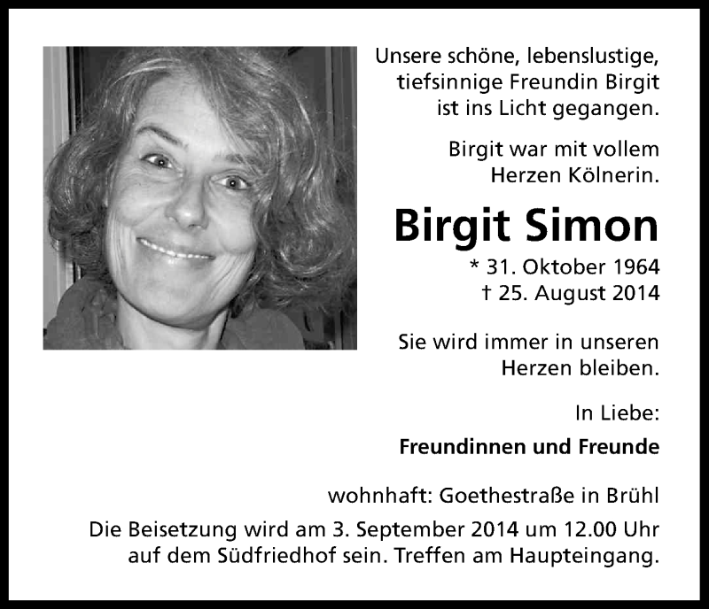  Traueranzeige für Birgit Simon vom 30.08.2014 aus Kölner Stadt-Anzeiger / Kölnische Rundschau / Express