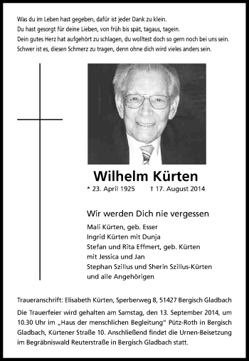 Anzeige von Wilhelm Kürten von Kölner Stadt-Anzeiger / Kölnische Rundschau / Express