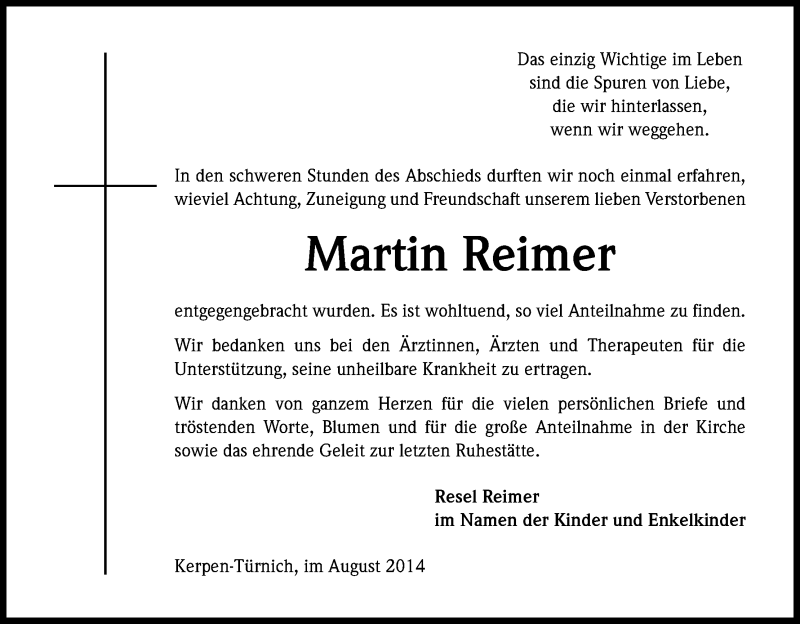  Traueranzeige für Martin Reimer vom 30.08.2014 aus Kölner Stadt-Anzeiger / Kölnische Rundschau / Express