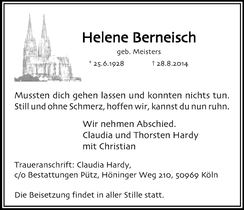  Traueranzeige für Helene Berneisch vom 30.08.2014 aus Kölner Stadt-Anzeiger / Kölnische Rundschau / Express