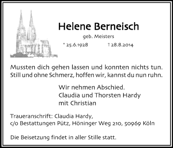 Anzeige von Helene Berneisch von Kölner Stadt-Anzeiger / Kölnische Rundschau / Express