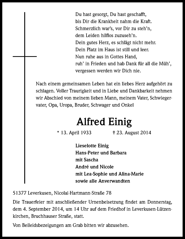  Traueranzeige für Alfred Einig vom 30.08.2014 aus Kölner Stadt-Anzeiger / Kölnische Rundschau / Express