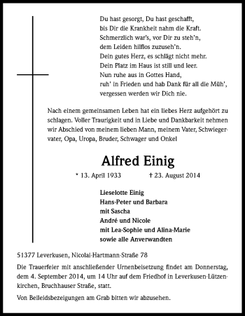 Anzeige von Alfred Einig von Kölner Stadt-Anzeiger / Kölnische Rundschau / Express