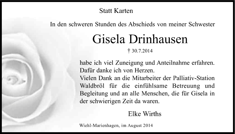  Traueranzeige für Gisela Drinhausen vom 30.08.2014 aus Kölner Stadt-Anzeiger / Kölnische Rundschau / Express