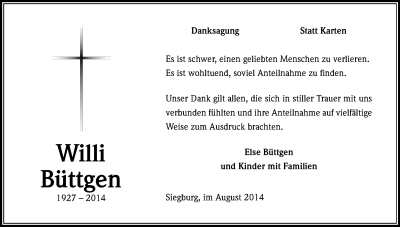  Traueranzeige für Willi Büttgen vom 30.08.2014 aus Kölner Stadt-Anzeiger / Kölnische Rundschau / Express