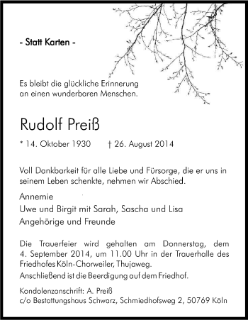 Anzeige von Rudolf Preiß von Kölner Stadt-Anzeiger / Kölnische Rundschau / Express
