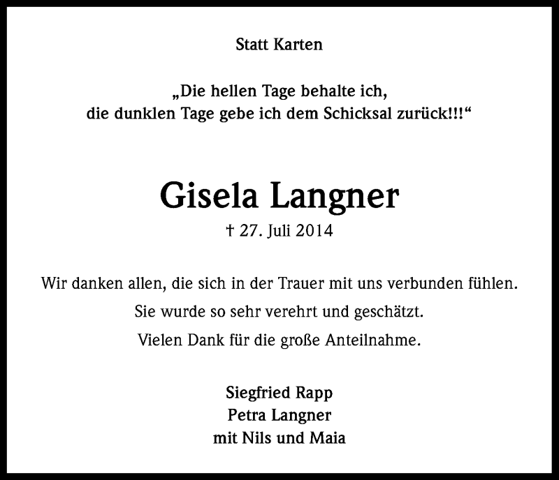  Traueranzeige für Gisela Langner vom 30.08.2014 aus Kölner Stadt-Anzeiger / Kölnische Rundschau / Express