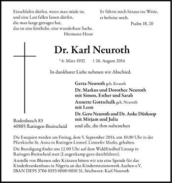 Anzeige von Karl Neuroth von Kölner Stadt-Anzeiger / Kölnische Rundschau / Express