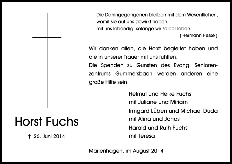  Traueranzeige für Horst Fuchs vom 30.08.2014 aus Kölner Stadt-Anzeiger / Kölnische Rundschau / Express