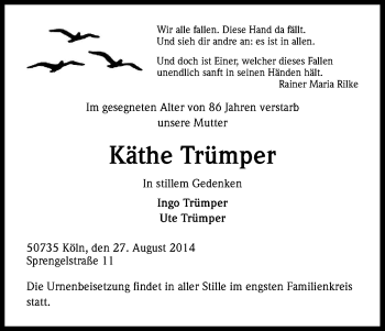 Anzeige von Käthe Trümper von Kölner Stadt-Anzeiger / Kölnische Rundschau / Express