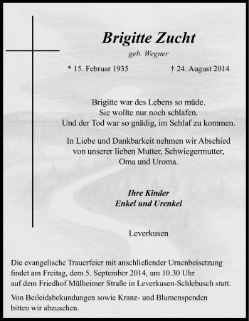 Anzeige von Brigitte Zucht von Kölner Stadt-Anzeiger / Kölnische Rundschau / Express