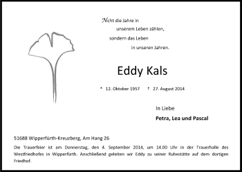 Anzeige von Eddy Kals von Kölner Stadt-Anzeiger / Kölnische Rundschau / Express