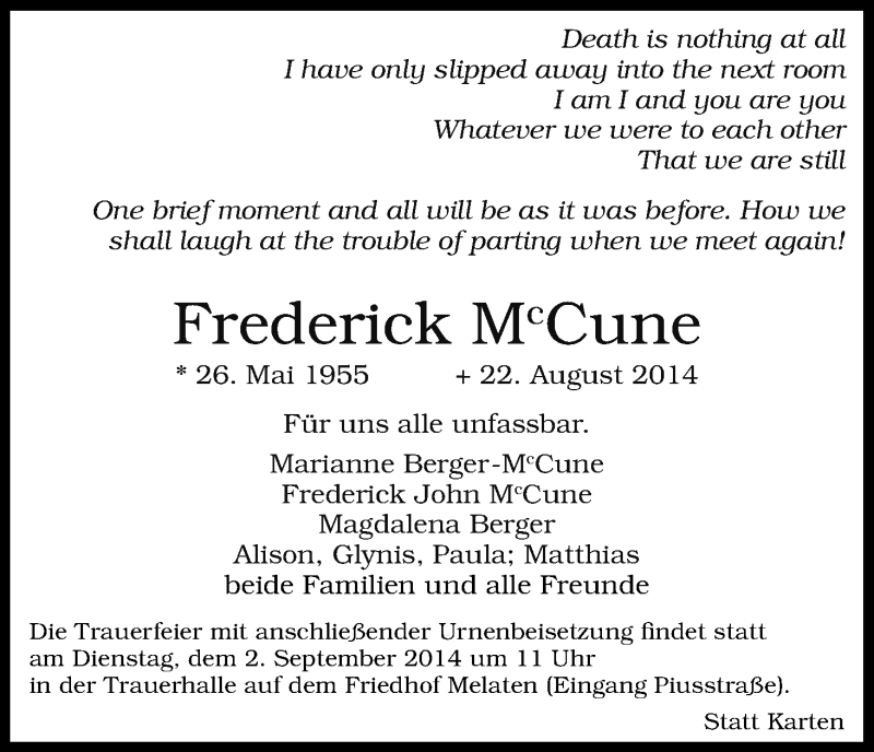  Traueranzeige für Frederick McCune vom 30.08.2014 aus Kölner Stadt-Anzeiger / Kölnische Rundschau / Express