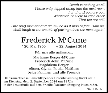 Anzeige von Frederick McCune von Kölner Stadt-Anzeiger / Kölnische Rundschau / Express
