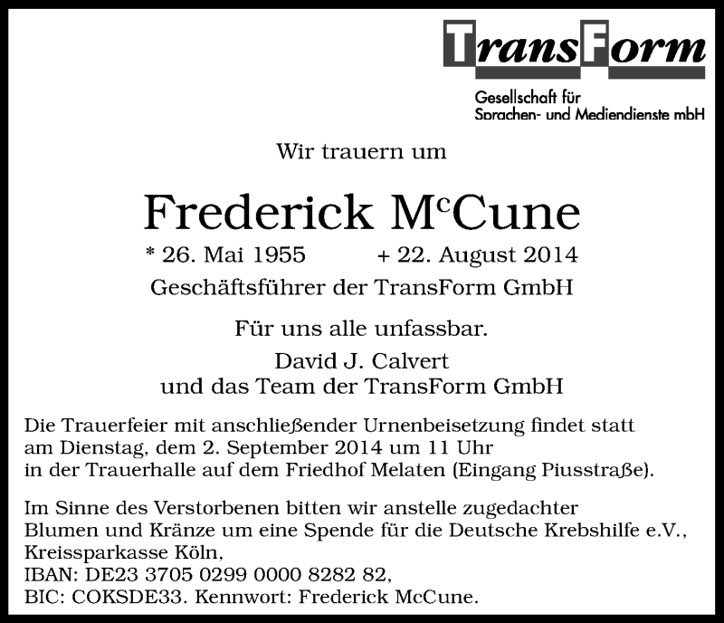  Traueranzeige für Frederick McCune vom 30.08.2014 aus Kölner Stadt-Anzeiger / Kölnische Rundschau / Express