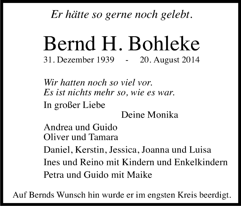  Traueranzeige für Bernd Bohleke vom 03.09.2014 aus Kölner Stadt-Anzeiger / Kölnische Rundschau / Express