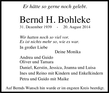 Anzeige von Bernd Bohleke von Kölner Stadt-Anzeiger / Kölnische Rundschau / Express