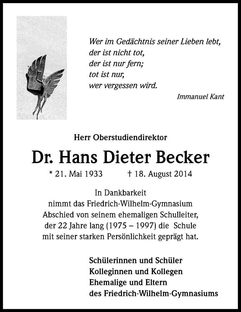  Traueranzeige für Hans Dieter Becker vom 30.08.2014 aus Kölner Stadt-Anzeiger / Kölnische Rundschau / Express