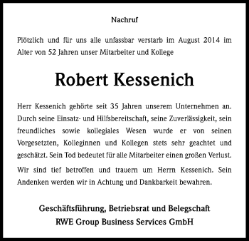 Anzeige von Robert Kessenich von Kölner Stadt-Anzeiger / Kölnische Rundschau / Express