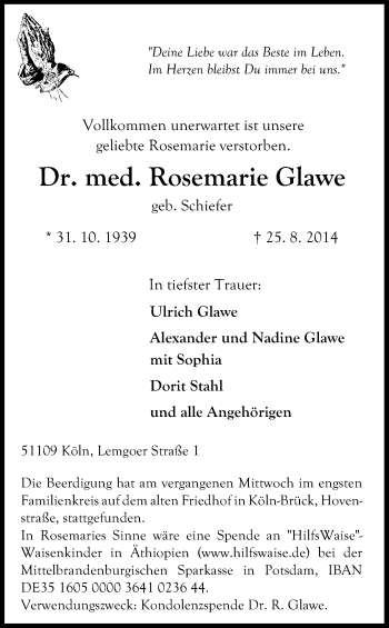 Anzeige von Rosemarie Glawe von Kölner Stadt-Anzeiger / Kölnische Rundschau / Express