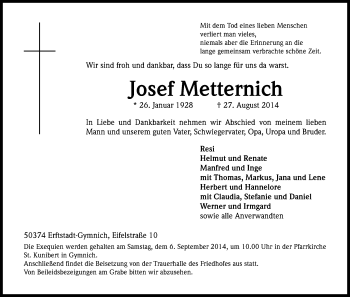 Anzeige von Josef Metternich von Kölner Stadt-Anzeiger / Kölnische Rundschau / Express