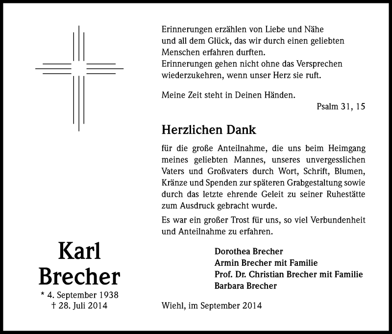  Traueranzeige für Karl Brecher vom 03.09.2014 aus Kölner Stadt-Anzeiger / Kölnische Rundschau / Express