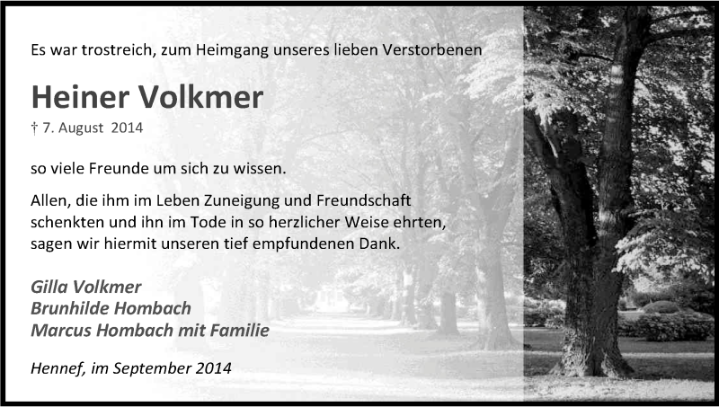  Traueranzeige für Heiner Volkmer vom 06.09.2014 aus Kölner Stadt-Anzeiger / Kölnische Rundschau / Express