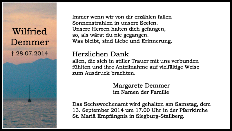  Traueranzeige für Wilfried Demmer vom 06.09.2014 aus Kölner Stadt-Anzeiger / Kölnische Rundschau / Express