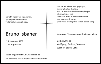 Anzeige von Bruno Isbaner von Kölner Stadt-Anzeiger / Kölnische Rundschau / Express