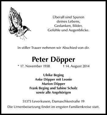Anzeige von Peter Döpper von Kölner Stadt-Anzeiger / Kölnische Rundschau / Express