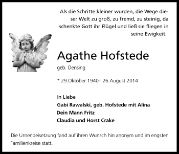 Anzeige von Agathe Hofstede von Kölner Stadt-Anzeiger / Kölnische Rundschau / Express