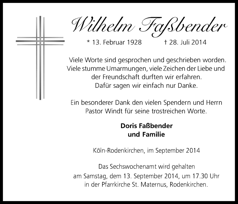  Traueranzeige für Wilhelm Faßbender vom 03.09.2014 aus Kölner Stadt-Anzeiger / Kölnische Rundschau / Express