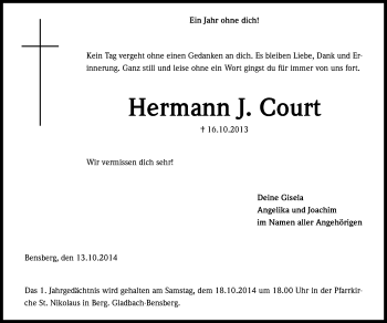 Anzeige von Hermann J. Court von Kölner Stadt-Anzeiger / Kölnische Rundschau / Express
