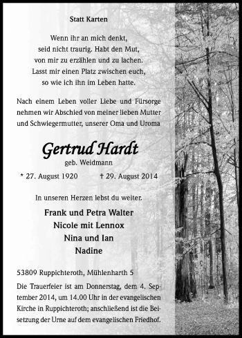 Anzeige von Gertrud Hardt von Kölner Stadt-Anzeiger / Kölnische Rundschau / Express