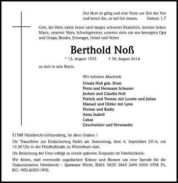 Anzeige von Berthold Noß von Kölner Stadt-Anzeiger / Kölnische Rundschau / Express