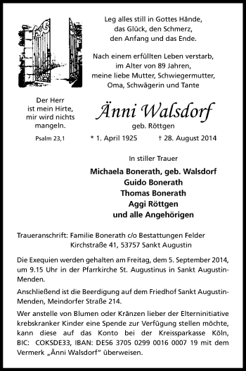 Anzeige von Änni Walsdorf von Kölner Stadt-Anzeiger / Kölnische Rundschau / Express